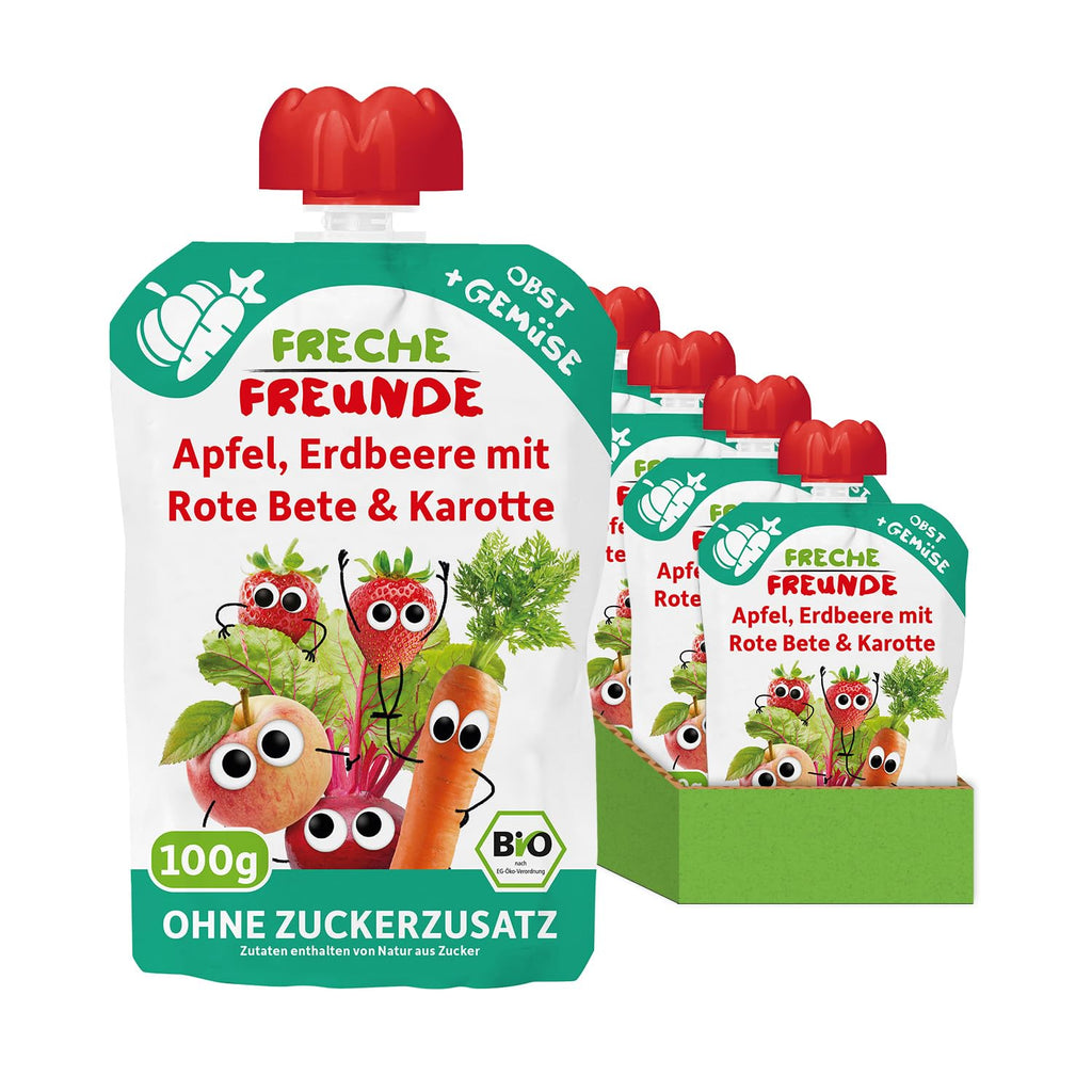 FRECHE FREUNDE Organic, Piure pentru bebeluși de la 6 luni, diverse combinatii, pachet de 6 (6 X 100G)