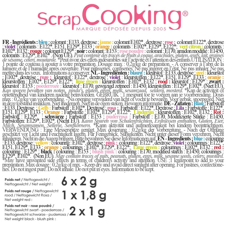 Scrapcooking - 9X Set Lebensmittelfarben Pulver - Blau, Gelb, Rosa, Violett, Orange, Zitronengrün, Rot, Puderrosa, Schwarz - Farbpulver Essbar Für Torten, Kuchen, Makronen - 4270