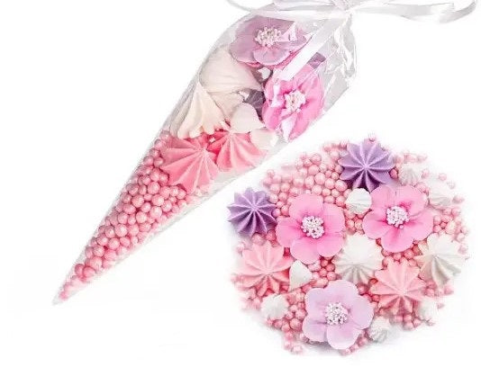 Set cu biluțe decorative și bezele, flori, roz, mov, alb