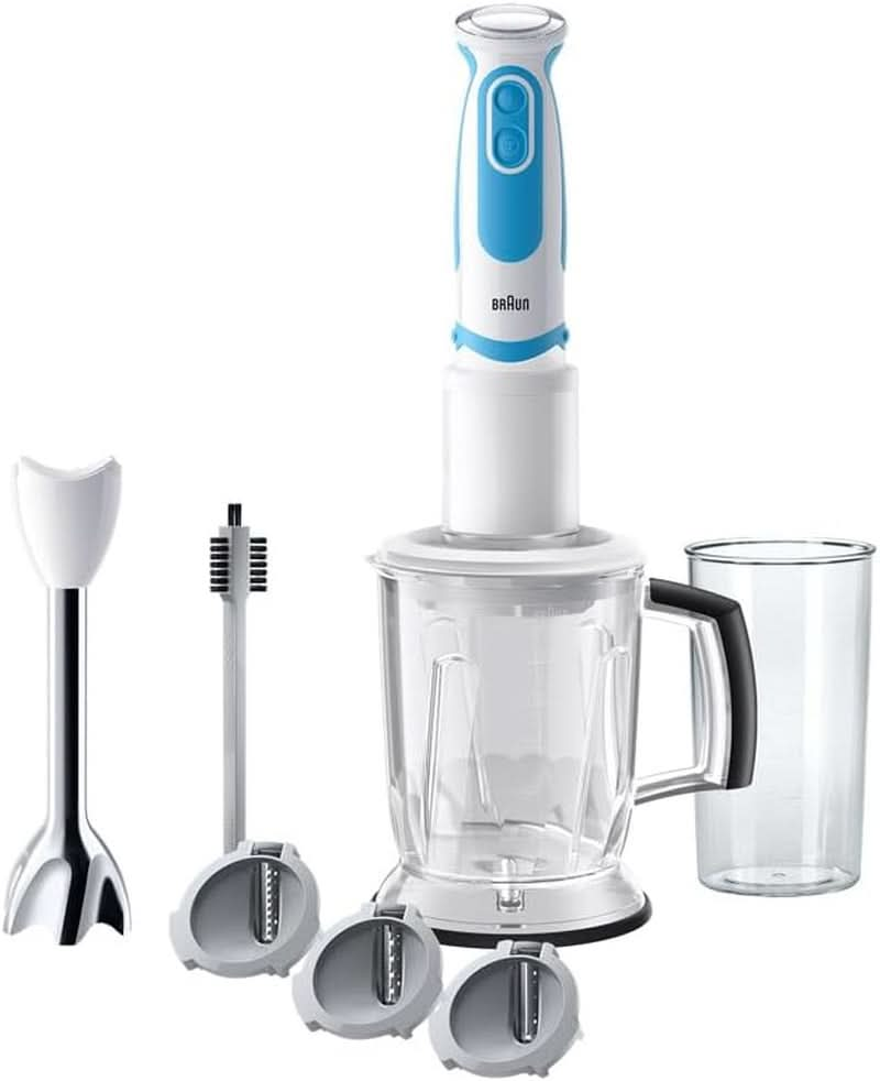 Braun Stabmixer MQ 5260WHBL Stabmixer – Multiquick 5 Vario Pürierstab Mit Edelstahl Mixfuß Und Spiralschneider, 1000 Watt, Inkl. Umfangreiches Zubehör-Set, Weiß/Blau