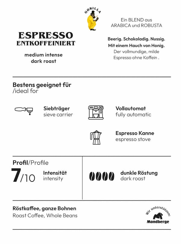 GORILLA Espresso 1000G Entkoffeiniert, Ganze Bohne