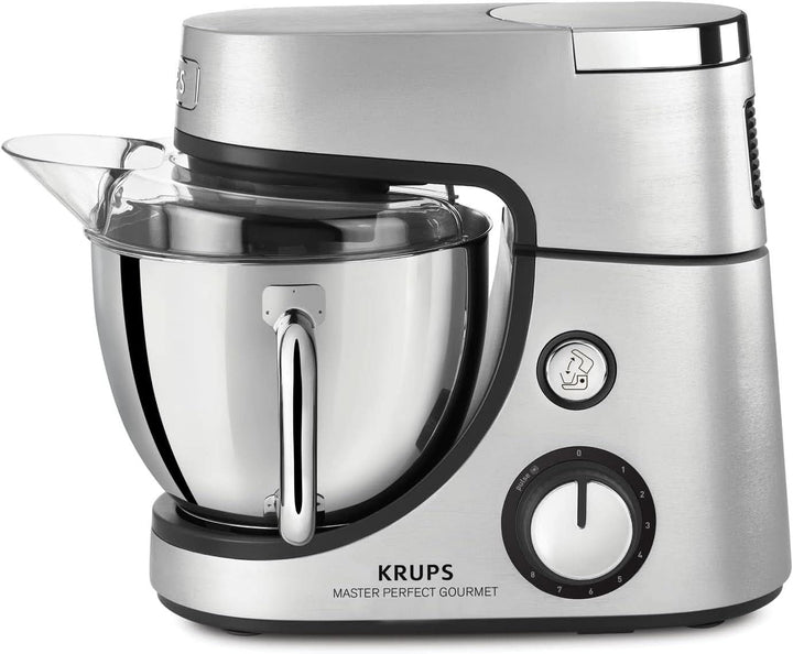 Krups KA631D Küchenmaschine Master Perfect Gourmet | 1100 Watt | 8 Geschwindigkeiten | 4,6L Edelstahlschüssel | 5 Zubehör: Back-Set, Flex-Bowl, Schnitzelwerk | Edelstahl Gebürstet