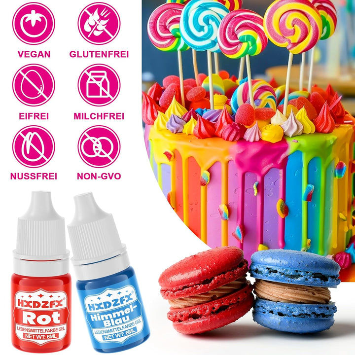 Lebensmittelfarbe Gel - 10 Farben Vegan Lebensmittelfarben, Hochkonzentriertes Lebensmittel Farbe Für Tortendeko, Macarons, Getränken, Osterei, DIY Slime - 6Ml