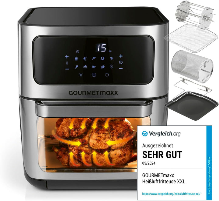 Gourmetmaxx Digitale Heißluftfritteuse XXL - 9L Ofen | Airfryer Mit Timerfunktion, Touchdisplay, Drehspieß, Schaschlikspießen | Fettarm, Energiesparend Frittieren | 8 Programme, 1800 W