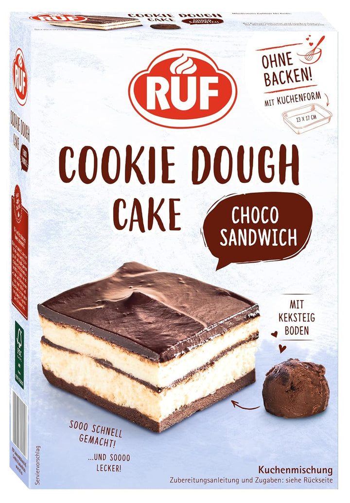 RUF Cookie Dough Cake Ohne Backen, Tortenboden Aus Keksteig Mit Frischkäse-Creme Und Schokoladenstückchen, Inkl. Kuchenform, 1X325G