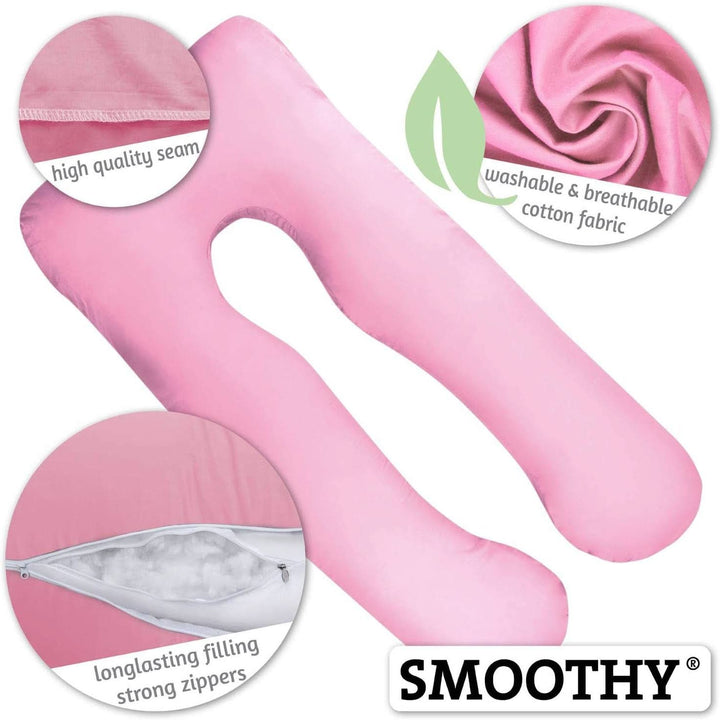 SMOOTHY XXL Schwangerschaftskissen Seitenschläferkissen, Lagerungskissen, Baby-Kissen & Stillkissen in U-Form Mit Abnehmbarem & Waschbarem Bezug Aus 100% Baumwolle (Classic XXL, 150 X 80 Cm, Pink)