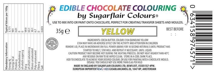 Sugarflair Yellow Chocolate Colouring - Farbige Kakaobutter Zum Färben Von Schokolade Oder Zum Direkten Malen Auf Schokolade, Transferblätter Oder Formen - 35G