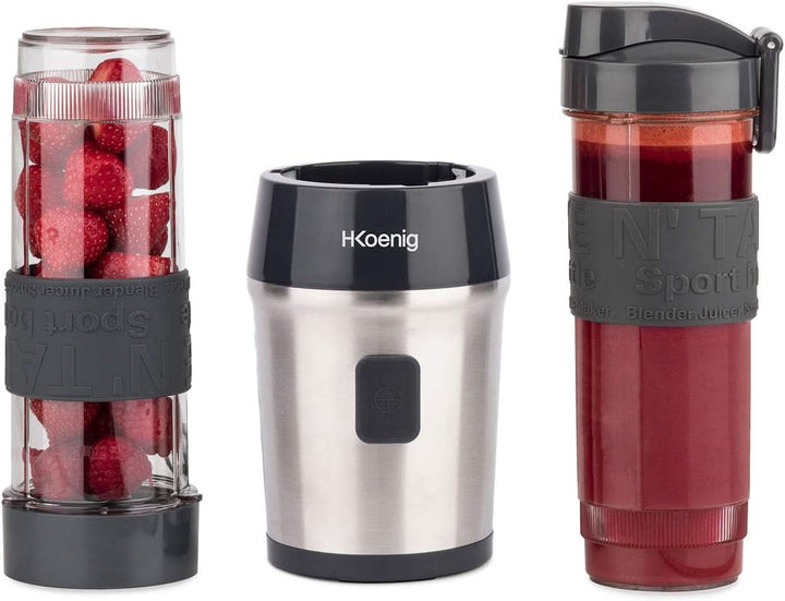 H.Koenig Smoothie Maker SMOO9 - Mini Standmixer - Mini Blender - 300 Watt - 570 Ml - Edelstahl - 2 Kunststofflaschen - Bpa-Frei, Grau