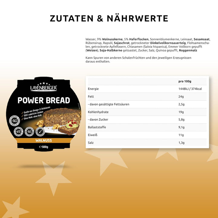 Layenberger Prower Bread Walnuss, Eiweiß- Und Ballaststoffquelle, Ohne Konservierungsmittel, Ohne Hefe, Ohne Mehl, Mit 14G Protein Pro 100G, (1 X 500G)