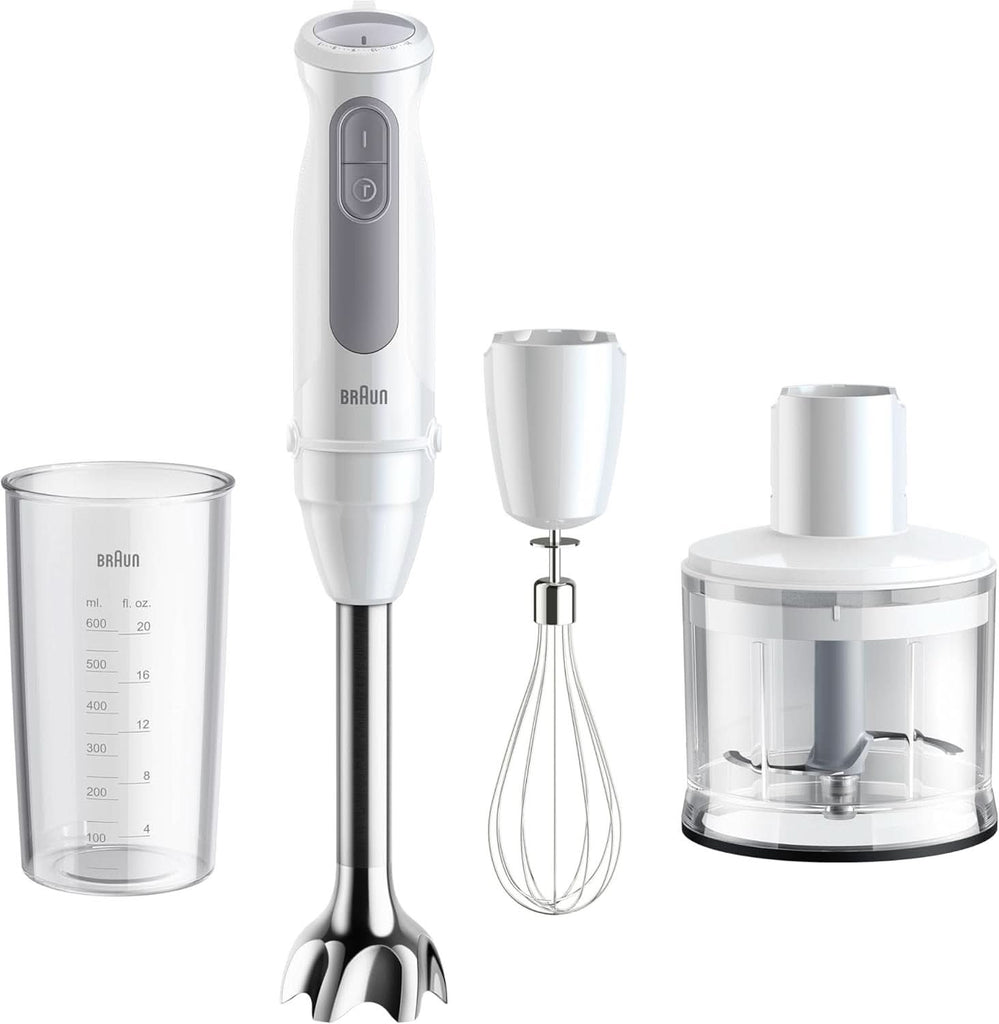 Braun Stabmixer MQ 5200WH - Multiquick 5 Vario Pürierstab Mit Edelstahl Mixfuß, 1000 Watt, Inkl. 600 Ml Mix- & Messbecher, Weiß/Grau