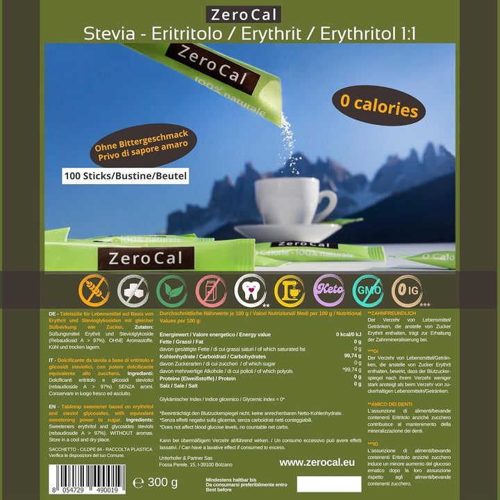 Zerocal - 1:1 (Erythrit + Stevia) 100 Sticks Je 3 G | Ideal Zum Süßen Von Kaffee, Tee Und Andere Getränke | Gleiche Süßkraft Von Zucker | Glutenfrei, Vegan, Gmo-Free | Kalorien Und GI = 0