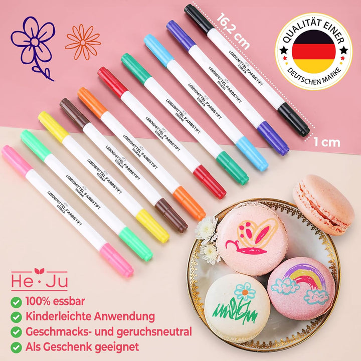 He-Ju Lebensmittelstifte Essbar 10Er Set Ohne E171, Vegan, Glutenfrei, Lebensmittel Stifte Set in 10 Regenbogenfarben Mit 2 Spitzen Zum Malen Und Schreiben Auf Torten & Co.