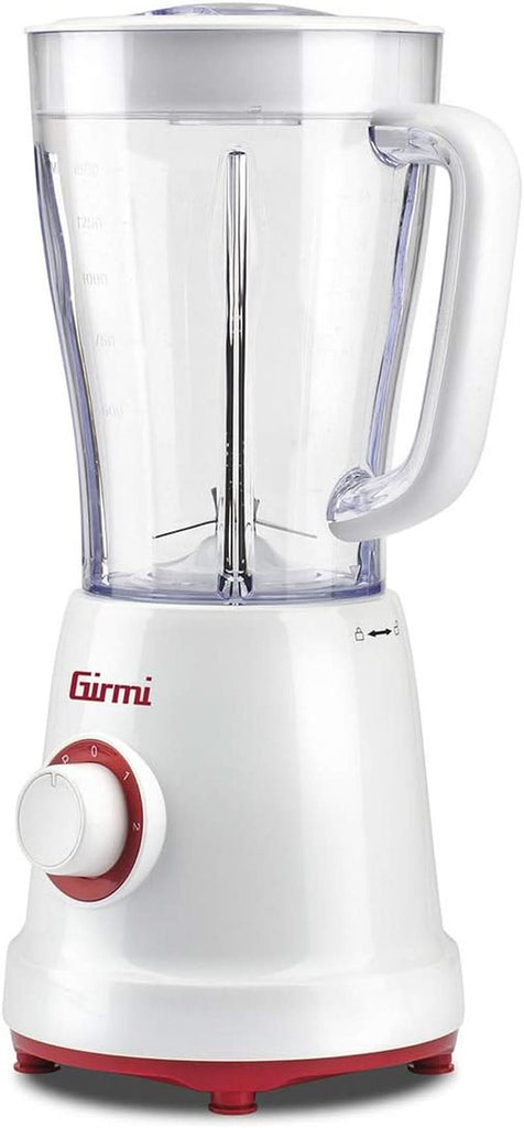 Girmi FR46 Elektrischer Mixer, 1,5 Liter, 2 Geschwindigkeiten Mit Pulse-Funktion, 4 Edelstahlklingen, Messbecherdeckel, Messbecher Mit Skala, Sicherheitseinrichtung, Weiß/Rot