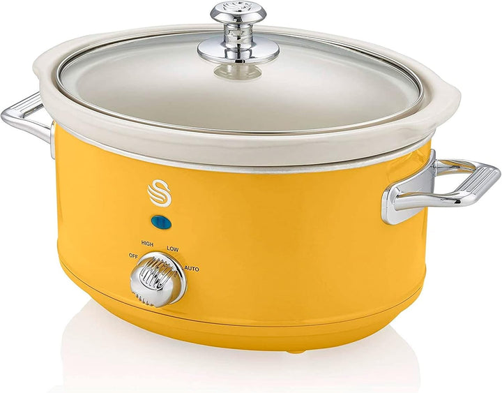 Swan Retro SF17021GRNEU Slow Cooker 3,5L Abnehmbarer Kochbehälter, PFOA- Und Ptfe-Freier Keramischer Antihaft-Behälter, 3 Temperaturstufen, Glasdeckel, Vintage-Design, Grau, 200W