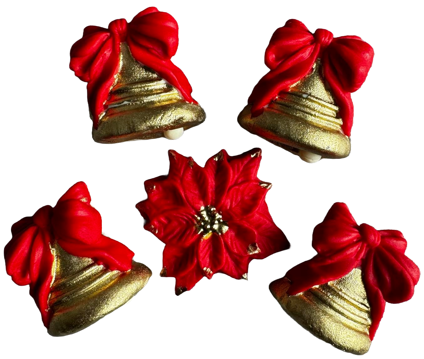 Set 5 decoratiuni comestibile din pasta de zahar, Craciun, clopotei cu fundite rosii Decoratiuni din Pasta de Zahar Naty Shop