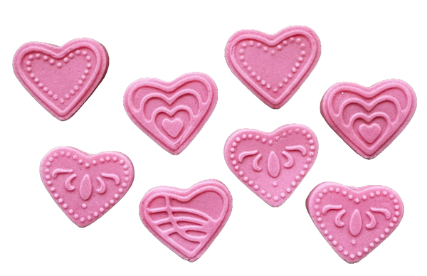 Establecer 8 decoraciones comestibles de pasta de azúcar, corazones rosados