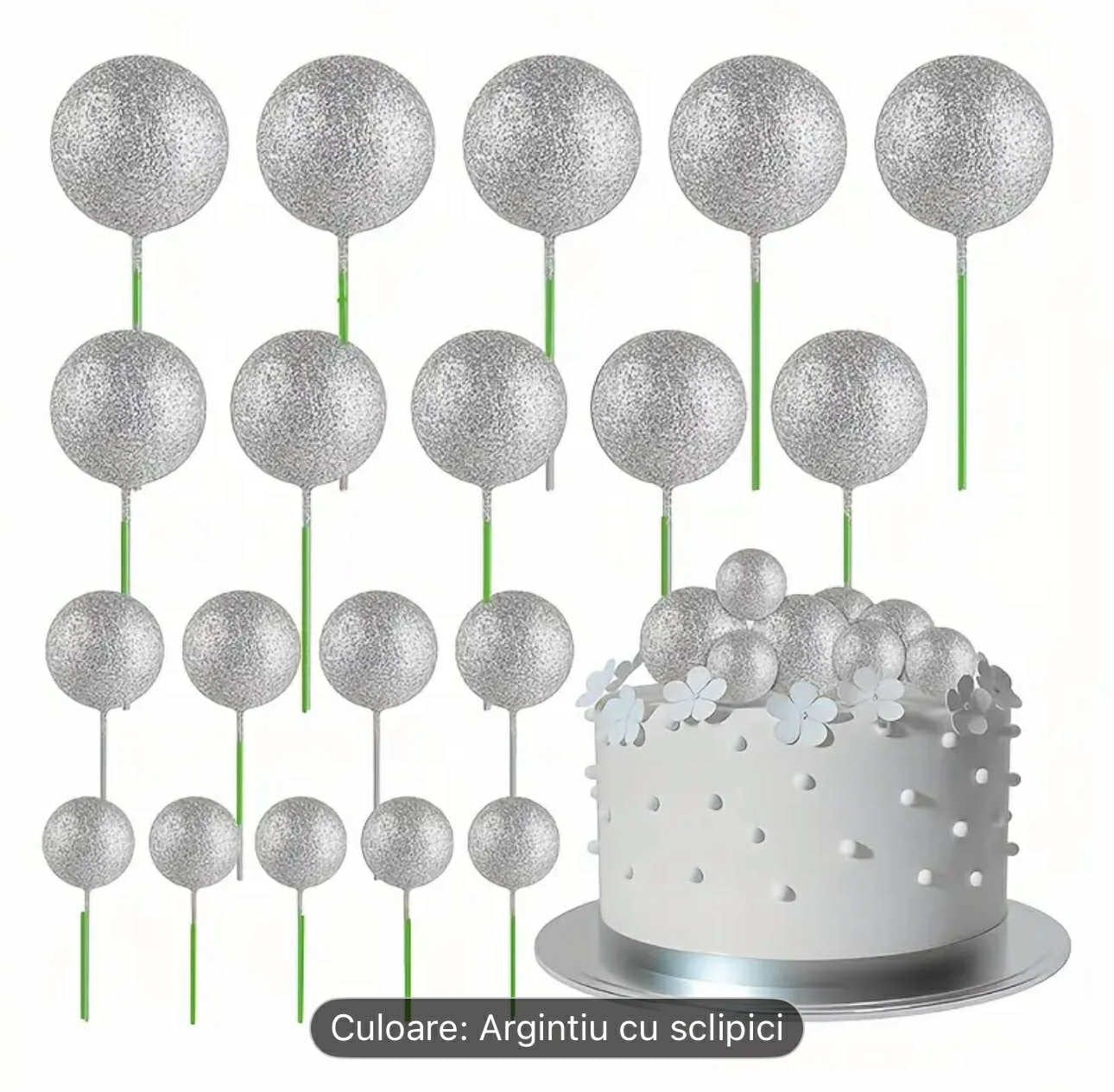 Set 20 Sfere Decorative Argintii Cu Sclipici Non-Alimentare - Elemente Elegante Pentru Decor Festiv Si Aranjamente