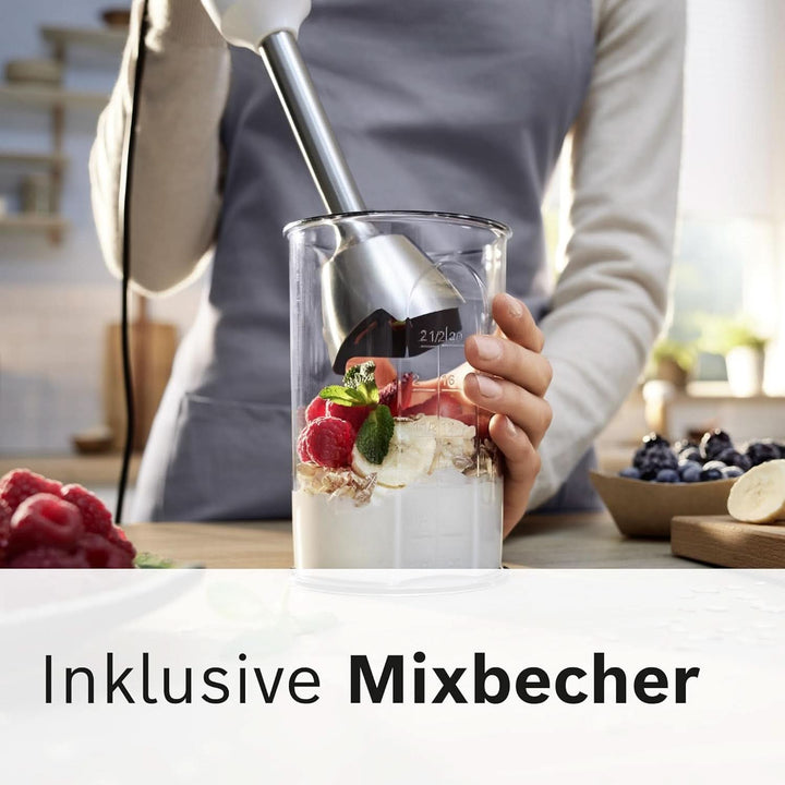 Bosch Stabmixer Ergomaster Serie 4 MSM4W210, Einhändig Bedienbar, Edelstahl-Klingen, Verschleißfreie Keramik-Kupplung, Mixbecher, Quattroblade, Antisplash Funktion, Einschaltsperre, 600 W, Weiß