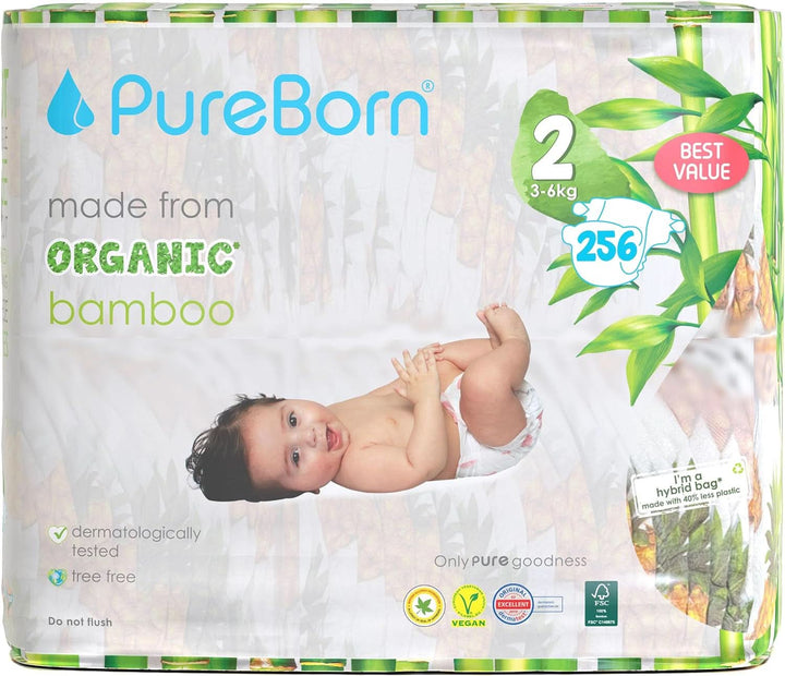 Pureborn Eco Bio-Bambus Windeln, Größe 2 (3-6 Kg), 128 Stück, Umweltfreundlich, Hypoallergen, Ultraweich, Mit Nässeindikator, Diverser Aufdruck