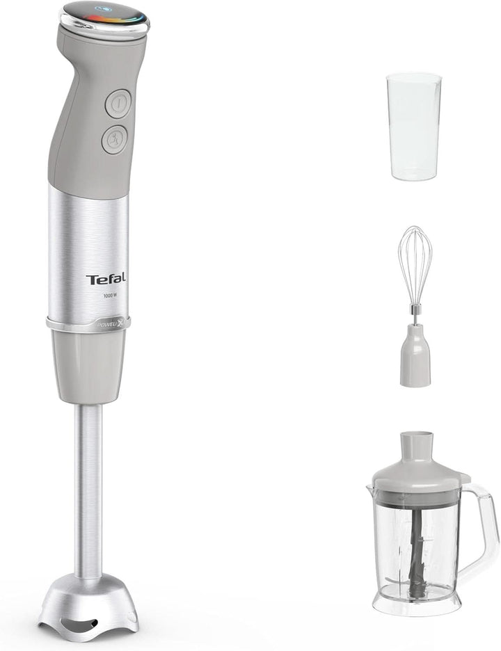 Tefal Quickchef+ 3-In-1 XL Stabmixer/Zerkleinerer/Schneebesen, 1000 W, Intuitive Geschwindigkeitsregelung, Turbo-Taste, Powelix-Messer-Technologie, Edelstahl, Grau, HB67MB30