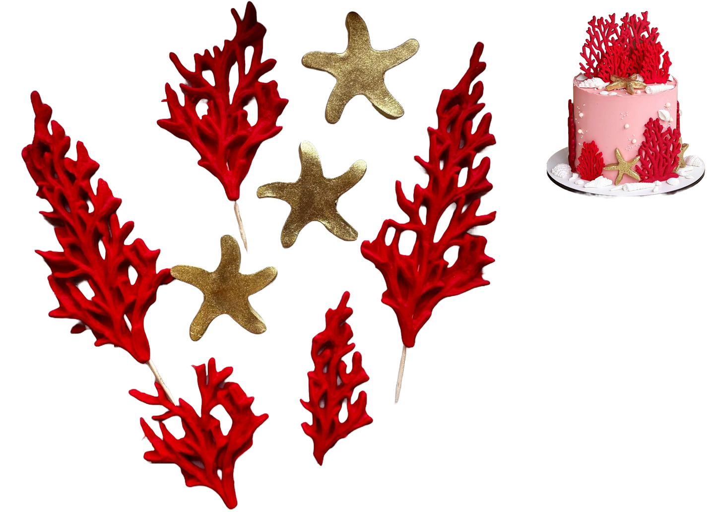 Set 8 decoratiuni comestibile din zahar, Splendoare marina Decoratiuni din Pasta de Zahar Naty Shop