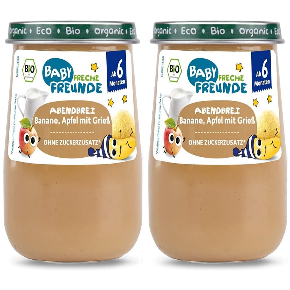 BABY FRECHE FREUNDE Bio Gläschen Abendbrei Banane, Apfel Mit Grieß Für Babys Ab 6 Monaten, Ohne Zuckerzusatz, 6 X 190G