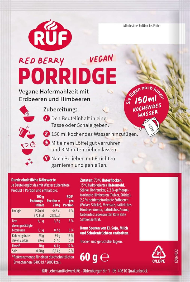 RUF Vegan Porridge Red Berry Oats, Porridge cu căpșuni și zmeură, 60 grame