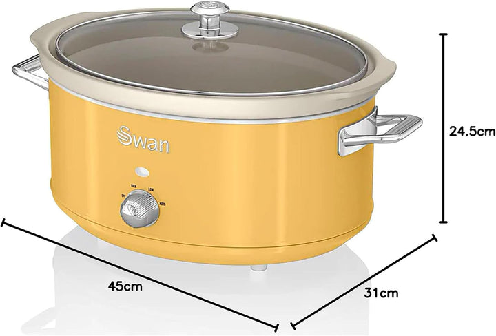 Swan Retro SF17031YELNEU Slow Cooker 6,5L Abnehmbarer Kochbehälter, PFOA- Und Ptfe-Freier Keramischer Antihaft-Behälter, 3 Temperaturstufen, Glasdeckel, Vintage-Design, Gelb, 320W