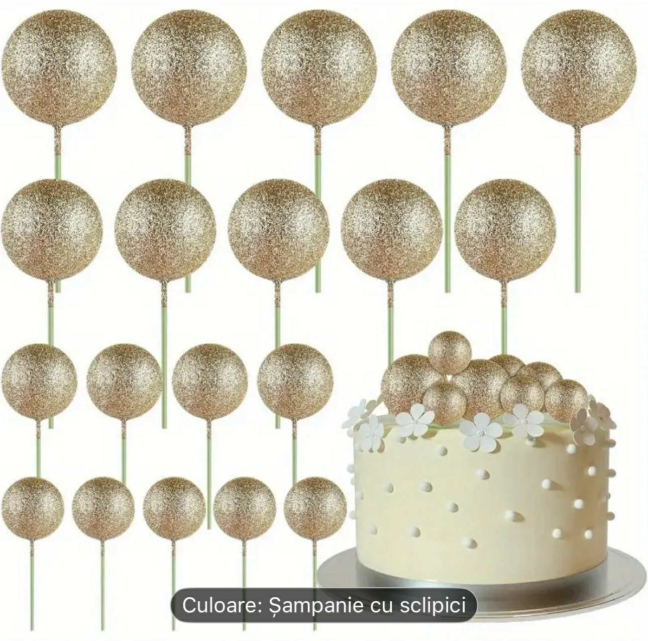 Set 20 Sfere Necomestibile Pentru Tort Si Decor Cu Sclipici - Stralucire Eleganta Pentru Sarbatori