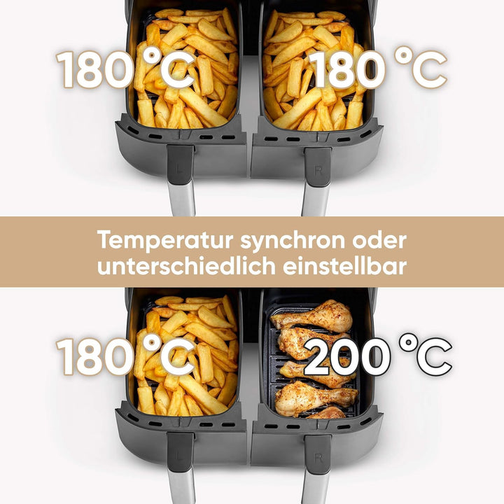 SEVERIN Doppel Heißluftfritteuse Mit 2 X 3,8 L Garraum, XXL Heißluftfritteuse Für Gesundes Kochen, 8 Automatik-Programme, Fritteuse Ohne Fett Mit Dörrfunktion, 2850 W, Schwarz/Silber, FR 2453