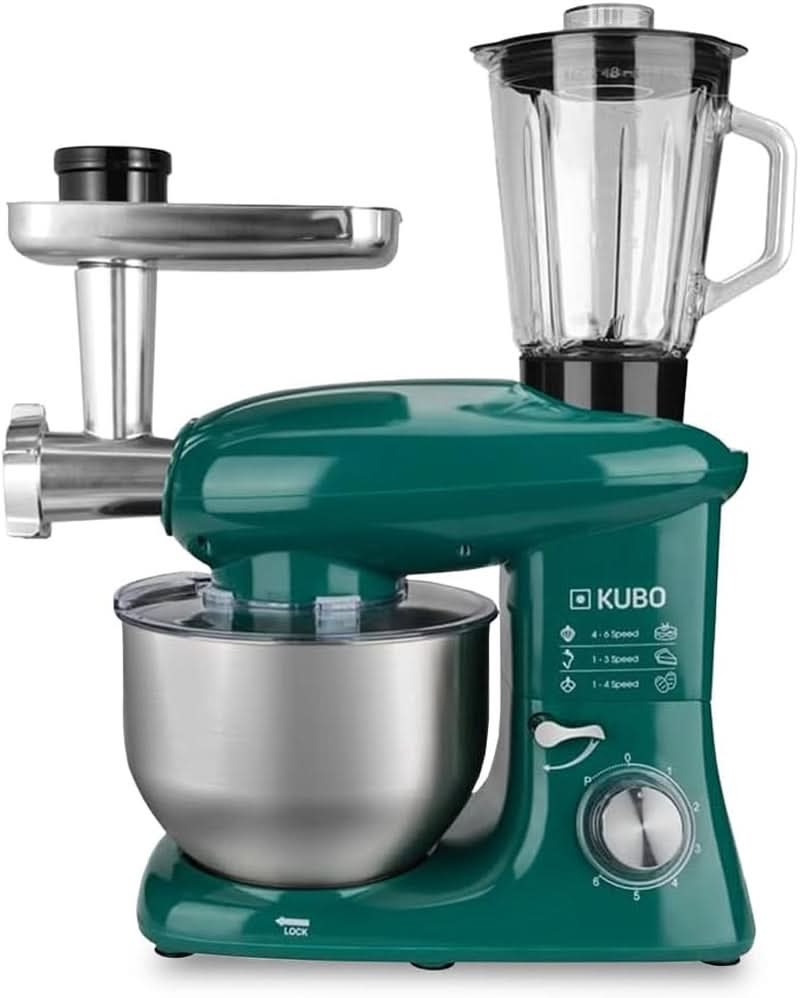 Küchenmaschine - 7 Zubehörteile: Mixbecher, Fleischwolf, Große Schüssel, Schutzdeckel, Schneebesen, Mixer Und Knetmaschine - Farbe: Grün - Fassungsvermögen: 6 Liter