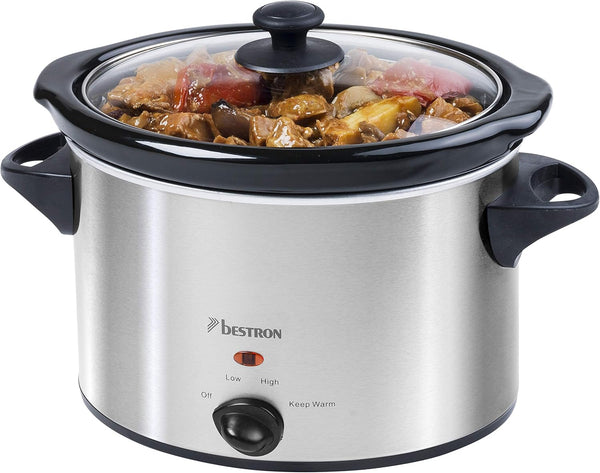 Bestron Slowcooker Für 4 Personen, Schongarer Mit Keramikpfanne & Glasdeckel, 3 Stufen-Thermostat, Ideal Für Viele Gerichte Wie Fleisch, Suppen & Gemüse, 3.5 Liter, Farbe: Silber