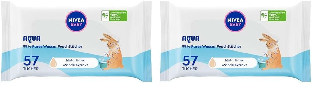 NIVEA Baby AQUA Feuchttücher, Baby Feuchttücher Zur Sanften Reinigung Empfindlicher Haut, Hypoallergene Und Parfümfreie Feuchttücher Für Babys Mit 99% Wasser (1 X 57 Stück)