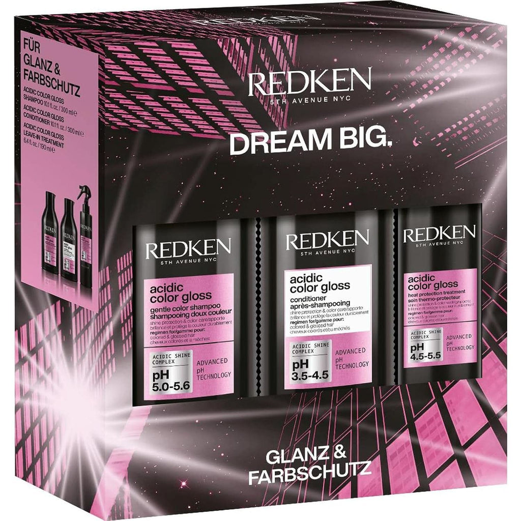 Redken Pflegeset Mit Shampoo 300Ml, Conditioner 300Ml Und Leave-In Spray 190Ml Für Reinigung Und Farbschutz Bei Gefärbtem Haar, Mit Glanzkomplex & Hitzeschutz Bis Zu 230°C, Acidic Color Gloss