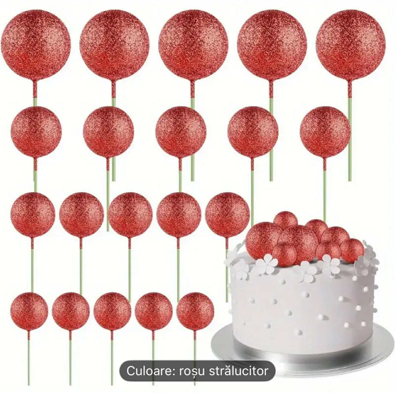 Set 20 Sfere Necomestibile Pentru Tort Roșu Sclipitor - Decor Festiv Elegant Pentru Mese