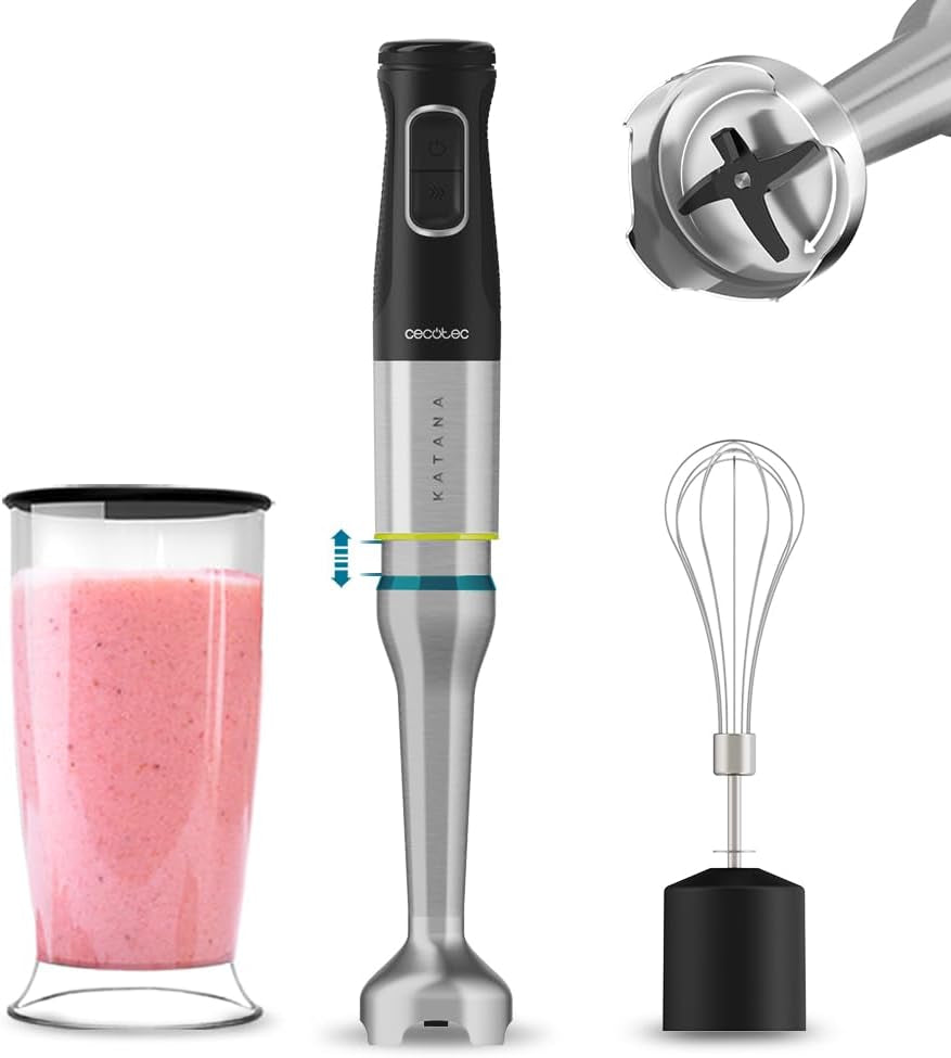 Cecotec Handmixer Katana 15 Totaldestroy Smash B. 1500 W, Total Destroy, Perreomove, 21 Geschwindigkeiten, Turbo-Funktion, Spritzschutzhaube, 8 Titan-Klingen, 800Ml Becher