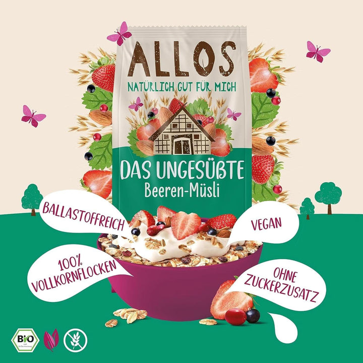 Allos, muesli de fructe de pădure neîndulcit, pachet 5 x 500 grame