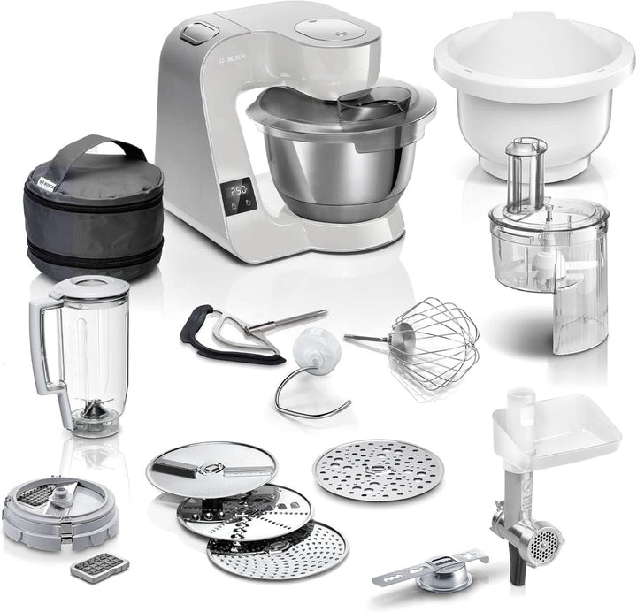 Bosch Küchenmaschine Serie 4 MUM5X720, Integrierte Waage,Edelstahl-Schüssel 3,9L, Mixer 1,25L, Profi-Knethaken, Planetarisches Rührgetriebe, Rührbesen, Durchlaufschnitzler, 1000 W, Dunkelrot/ Silber