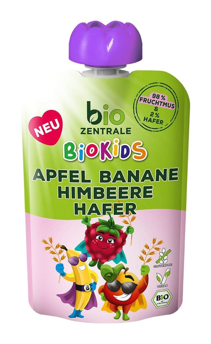 Biozentrale Biokids Fruchtmus Apfel Banane Himbeere Hafer | 12 X 90G | Fruchtiger Snack Ohne Zuckerzusatz | Vegan