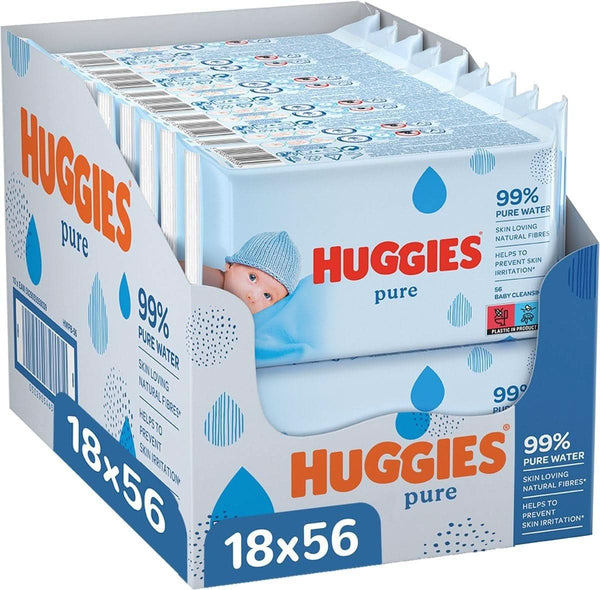 Huggies Pure, Babytücher, 18 Packungen (Insgesamt 1008 Tücher) — 99 Prozent Reines Wasser — Parfümfrei Für Sanfte Reinigung Und Schutz — Natürliche Feuchttücher