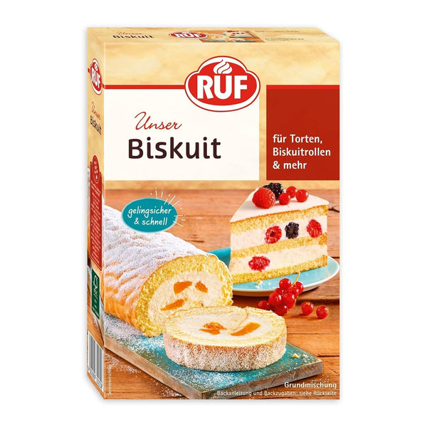 RUF Biskuit Teig, Backmischung Für Einen Saftigen Biskuitteig, Gelingsicher Und Schnell Zubereitet, Zur Herstellung Von Biskuitrollen, Biskuitkuchen Oder Tortenboden, 1 X 250G Naty Shop Bikuit Bikuit