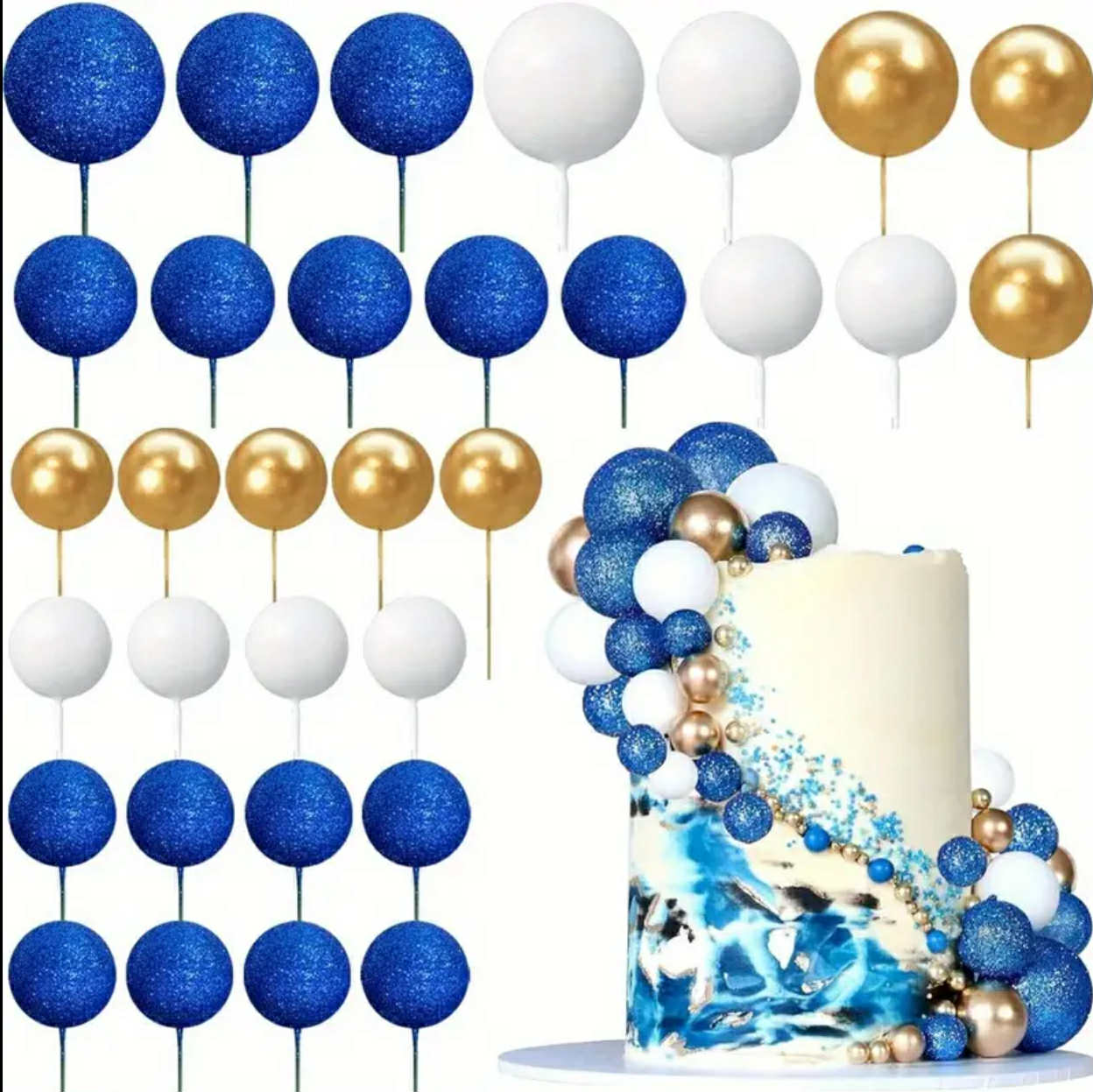 Set 17 Sfere Non Alimentare Auriu Alb Albastru Sclipici - Decor Festiv Elegant Pentru Masa