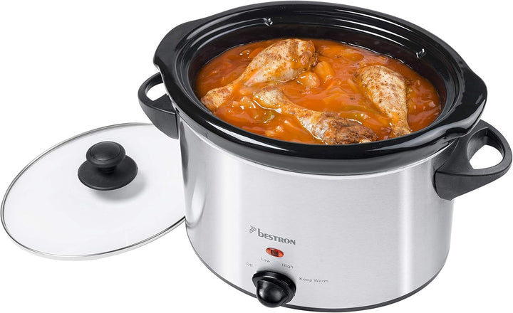 Bestron Slowcooker Für 4 Personen, Schongarer Mit Keramikpfanne & Glasdeckel, 3 Stufen-Thermostat, Ideal Für Viele Gerichte Wie Fleisch, Suppen & Gemüse, 3.5 Liter, Farbe: Silber