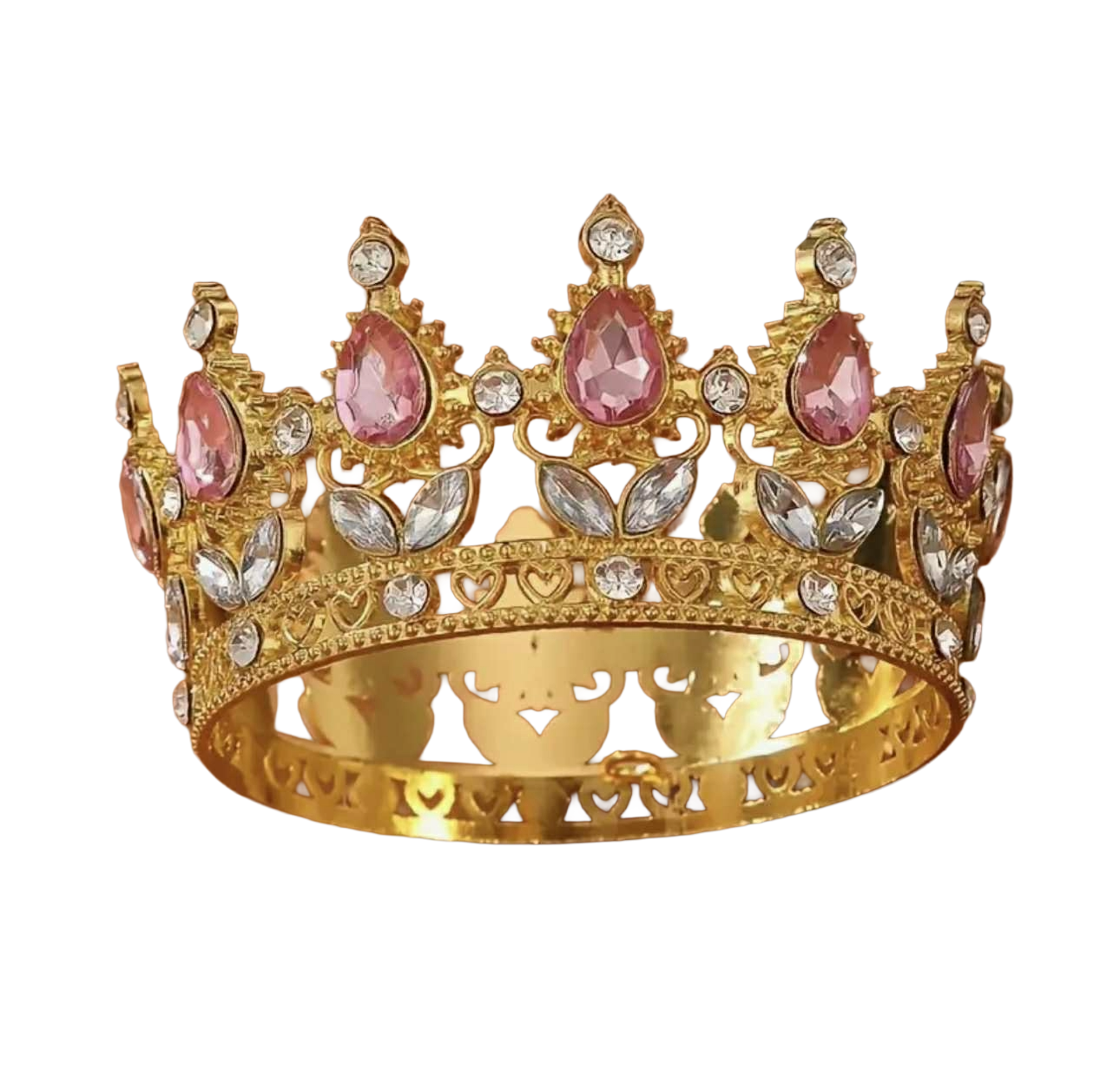 Coronita Aurie Din Metal Cu Pietre Roz - Decor Elegant Pentru Torturi Si Prajituri La Nunti Botezuri Si Aniversari