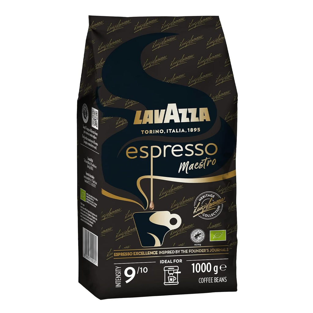 Lavazza, Espresso Maestro, Kaffeebohnen Für Espressomaschinen, Ausgewogener & Aromatischer Frucht- Und Blumengeschmack, Intensität 9/10, 100 % Bio Arabica & Robusta, Langsame & Sanfte Röstung, 1 Kg