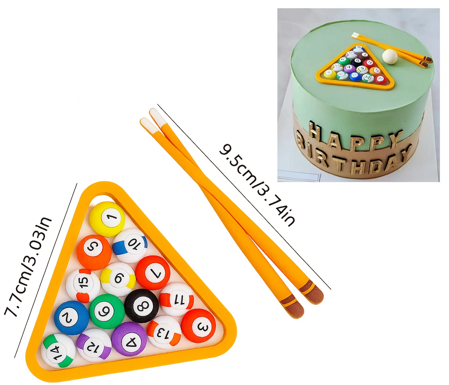 Set Decoratiuni Necomestibile Tort Biliard - Dimensiune 7,7 cm pe 9,5 cm cu Aspect Realist