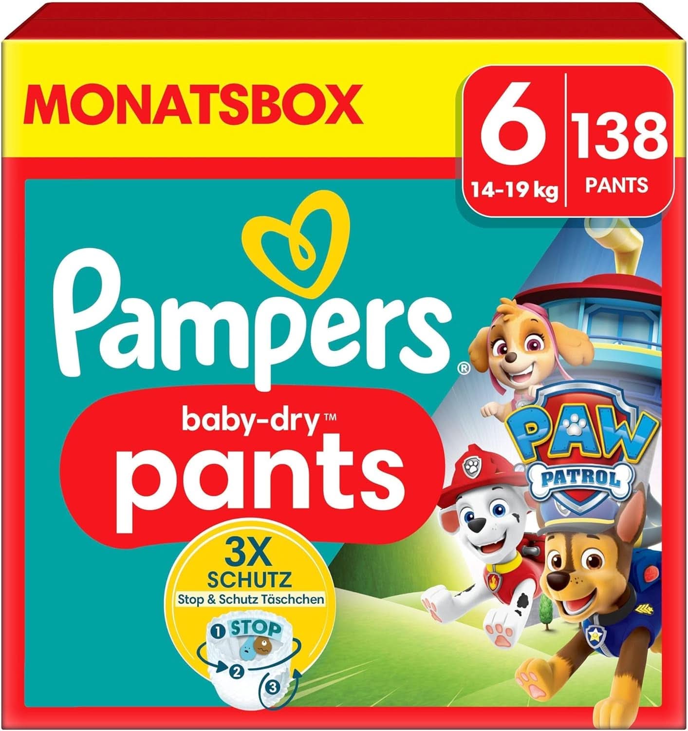 Pampers scutece Paw Patrol Pantaloni mărimea 5 (12-17Kg) Baby-Dry, Junior cu buzunar Stop and Protect, CUTIE LUNARĂ, 160 scutece Naty Shop