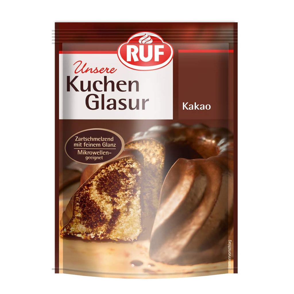 RUF Cake Glaze Cocoa, rezistent la microunde, pentru decorarea produselor de patiserie și a prăjiturilor, fără gluten, pachet de 16X100 grame