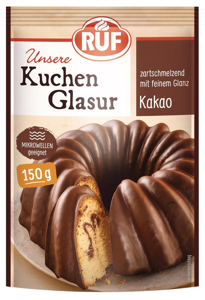 RUF Kuchen-Glasur Vollmilch-Schokolade, Fettglasur Im 150 G Beutel, Mikrowellengeeignet, Zum Glasieren Von Kuchen, Torten, Gebäck & Muffins, 1 X 150 G