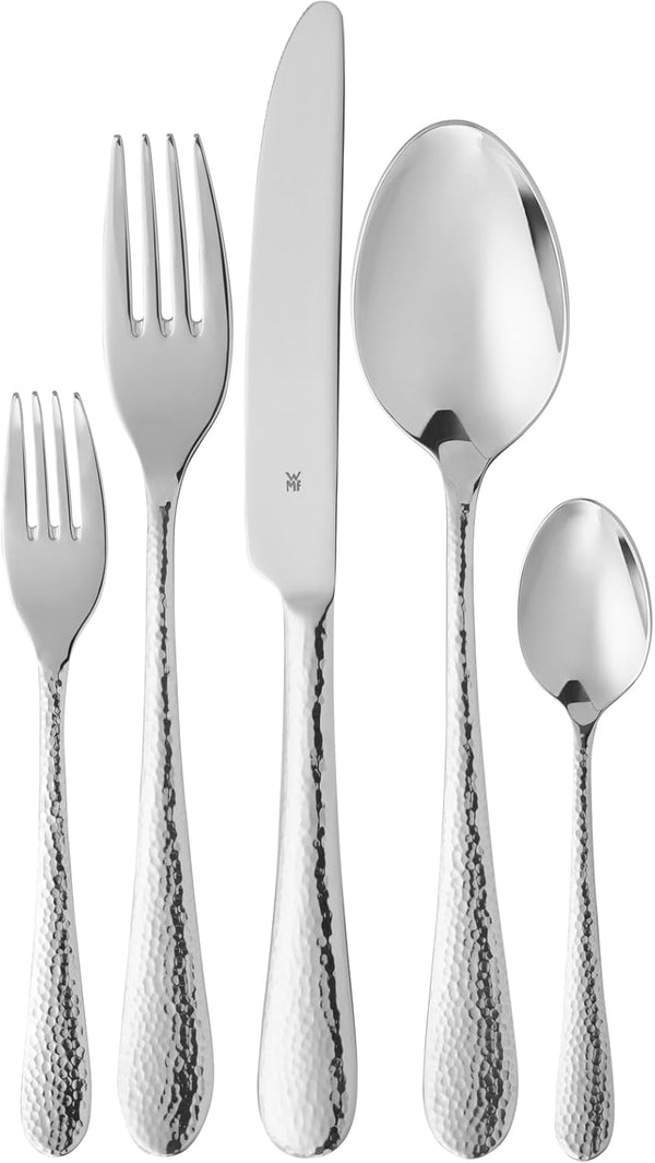 WMF Sitello Besteck Set 6 Personen, Cromargan, Essbesteck Set 30 Teilig, Monobloc-Messer, Cromargan Edelstahl Poliert, Hammerschlag, Ergonomisch, Glänzend, Spülmaschinengeeignet, Silber